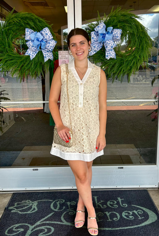 Crocheted Cream Floral Lace Collared Sleeveless Dress