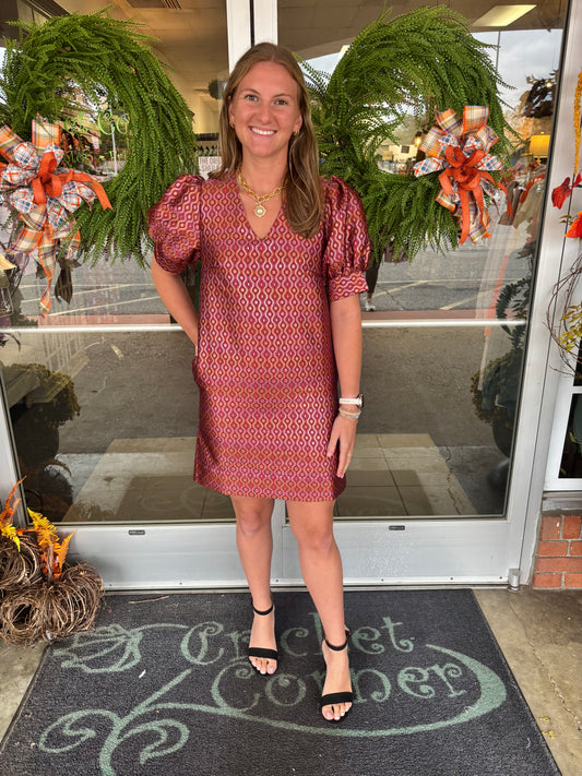 Pink Shimmer Groovy Grid Vneck Dress