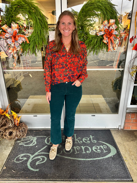Orange & Blue Floral Gold Button Blouse