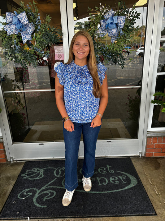 Blue Floral Print Short Sleeved top