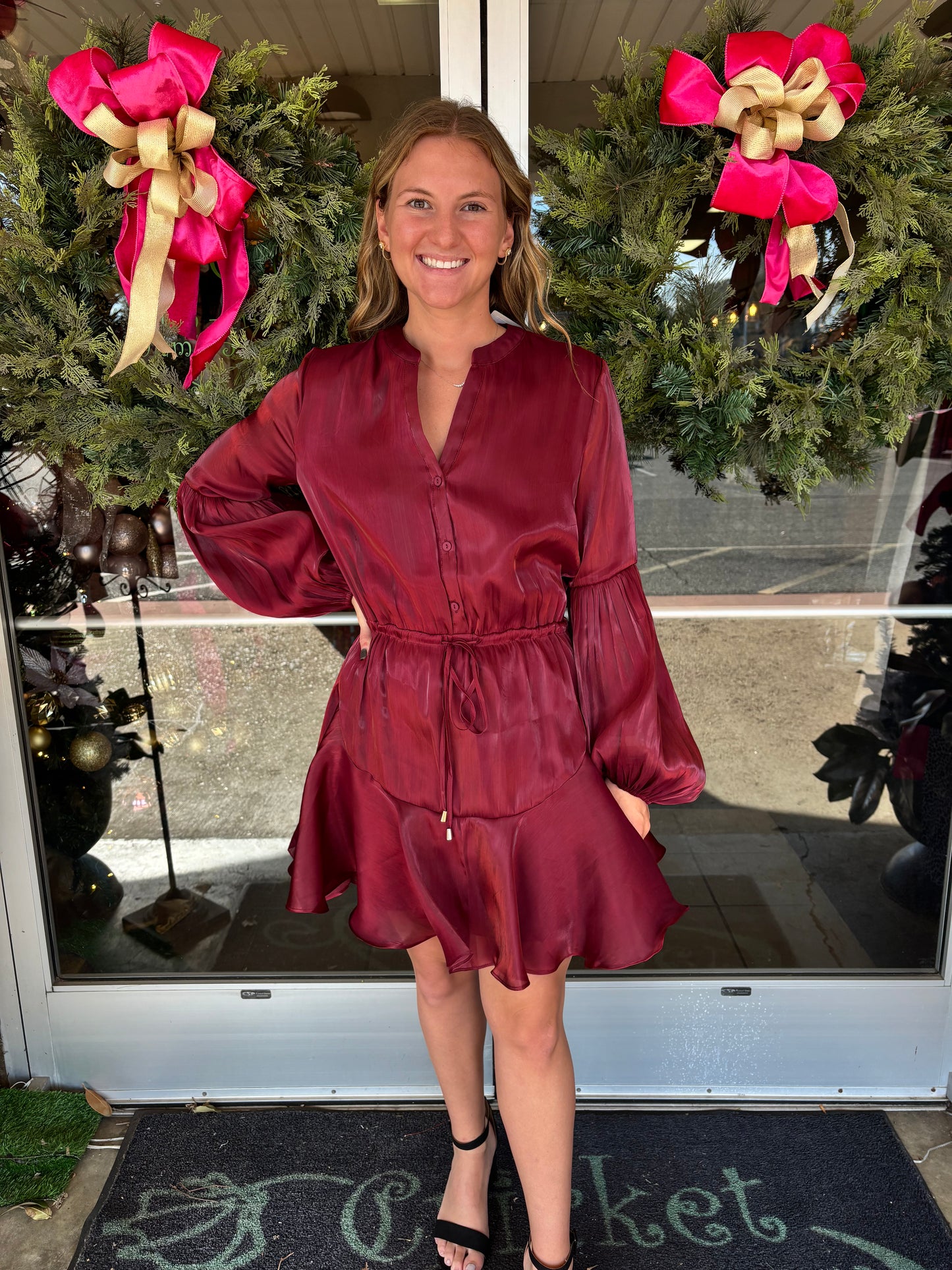 Red Button front drawstring dress