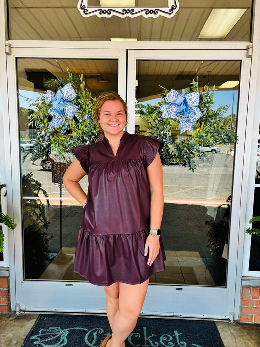 Flutterslv Wine Pleather Tier Dress