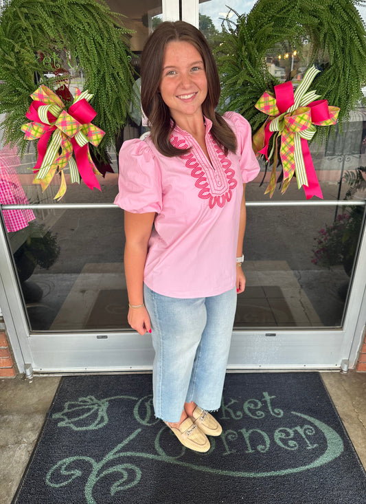 Pink V Neck Embroidery Short Sleeve Blouse
