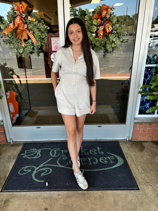 Short Slv Heather Grey Knit Zip Romper