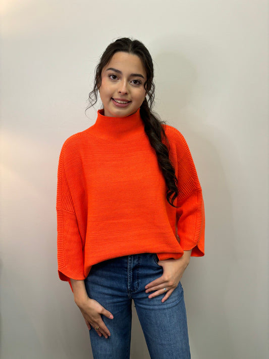 Boho Orange 3/4Slv Sidelit Turtlenk Sweater