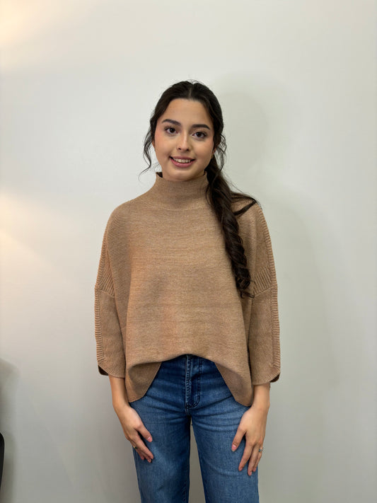 Boho Camel 3/4Slv Sideslit Turtlenk Sweater