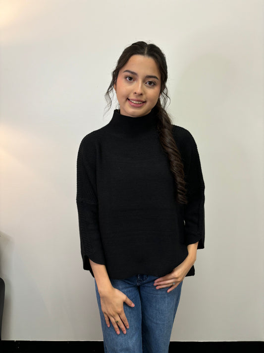 Boho Black 3/4Slv Sideslit Turtlenk Sweater