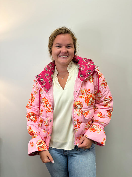 Pink Patterned Puffer Jacket