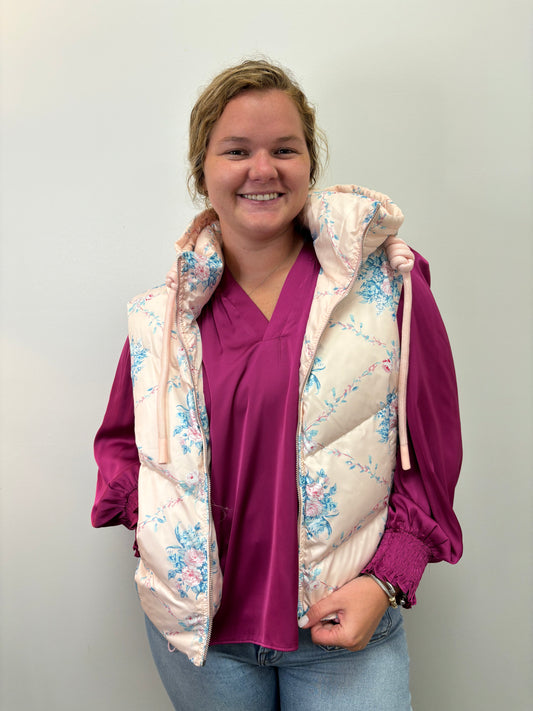 Pink Floral Hooded Puffer Vest