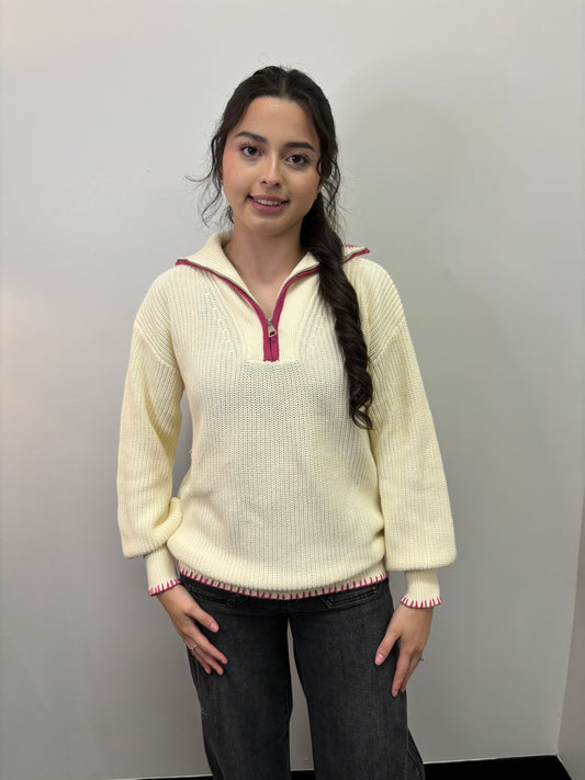 Cream Sweater with Pink Trim
