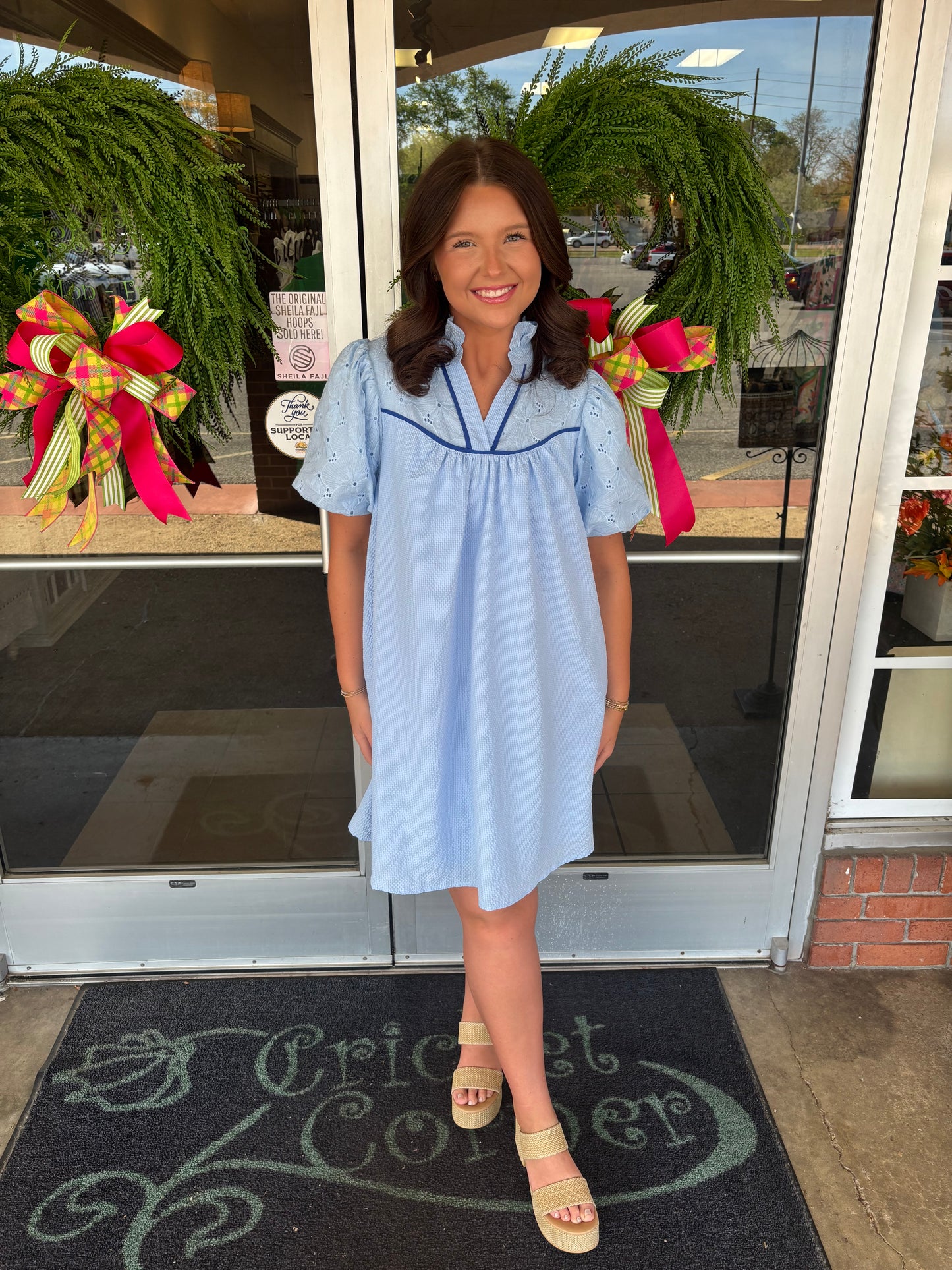 Sky Blue Short Sleeve ruffle v-neck dress