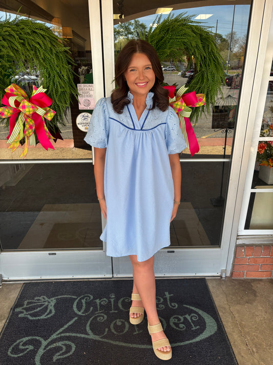 Sky Blue Short Sleeve ruffle v-neck dress