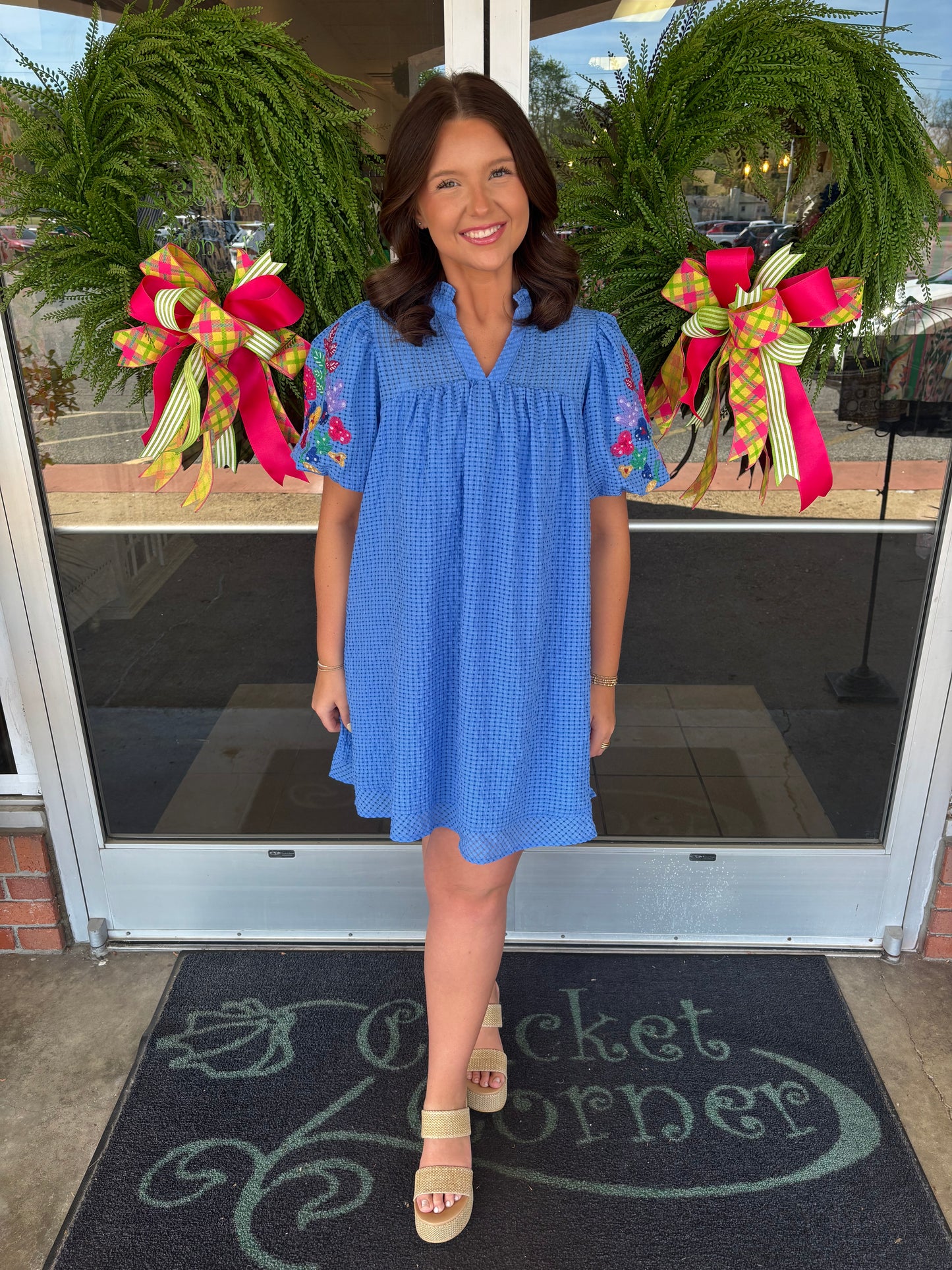 Ocean Blue seersucker embroidery sleeve dress