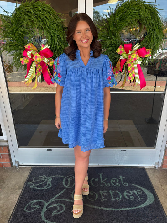 Ocean Blue seersucker embroidery sleeve dress