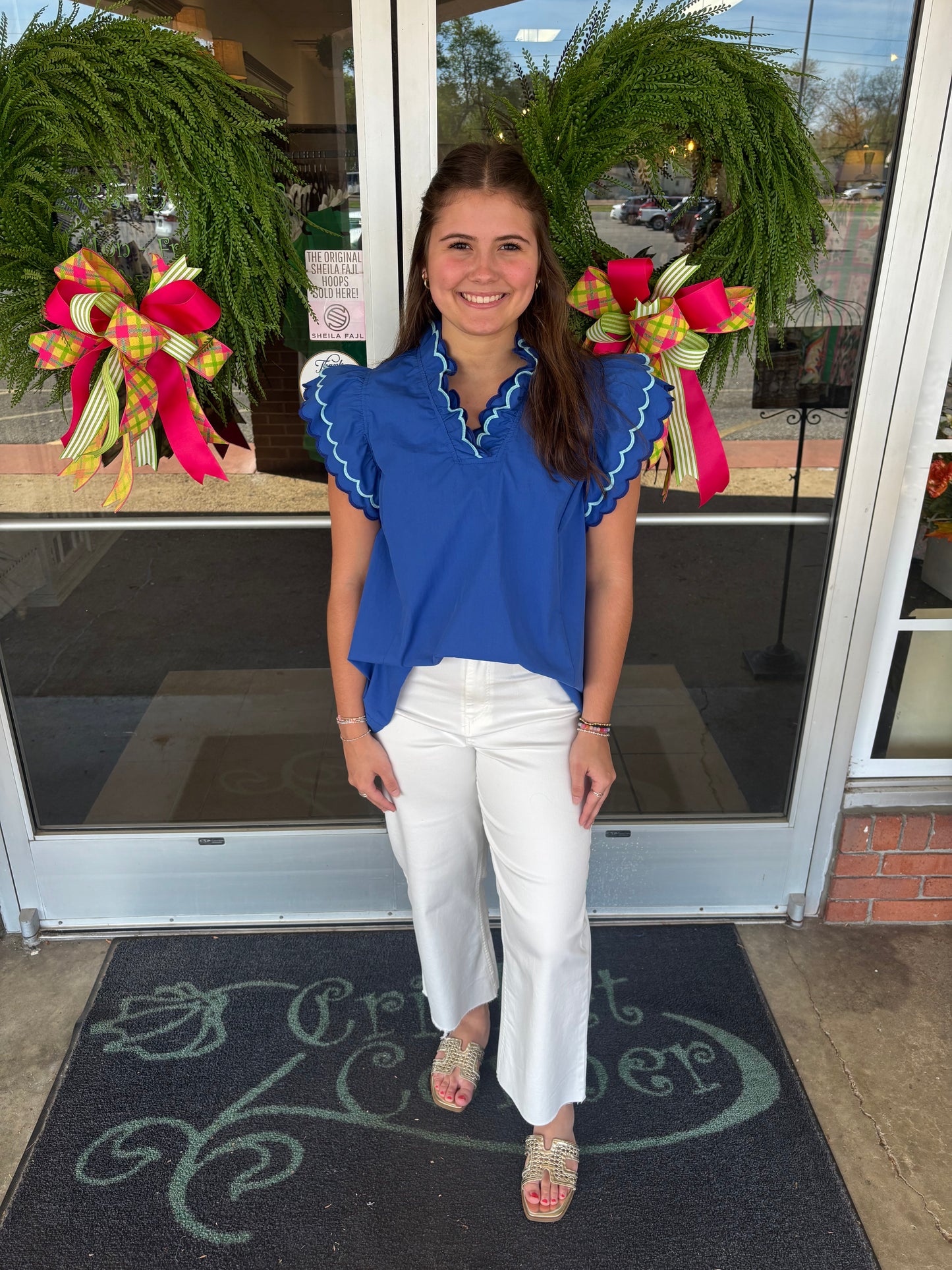 Blue scalloped sleeve ruffle top