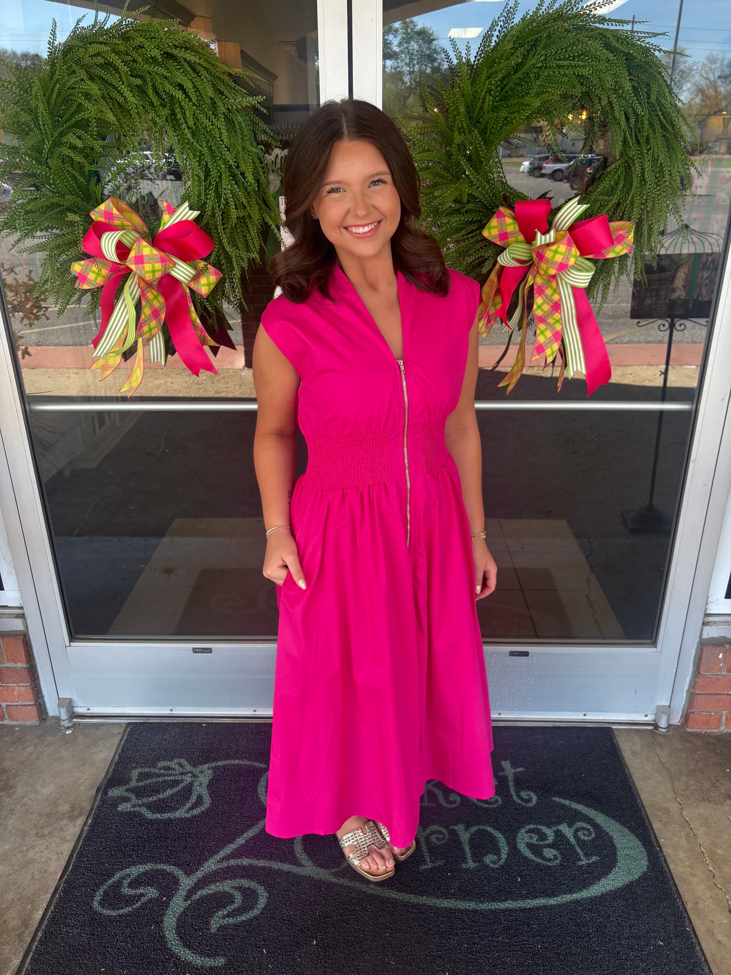 Fuchsia- sleeveless smocked waist midi dress