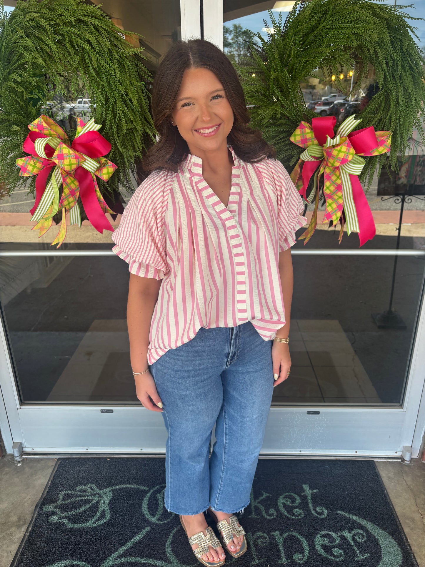 Pink striped open collar puff sleeve top