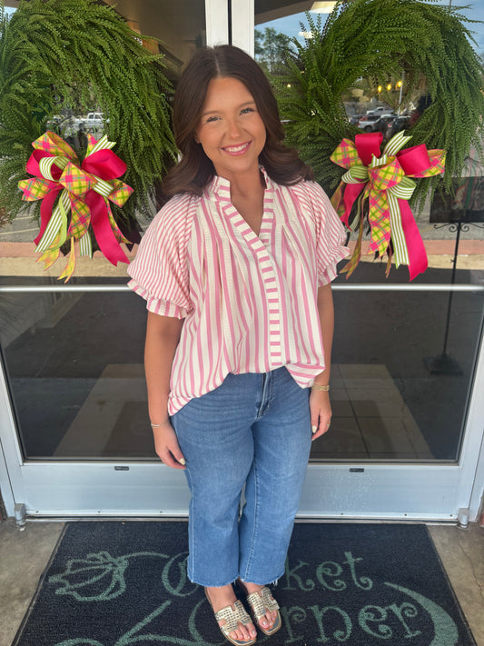 Pink striped open collar puff sleeve top