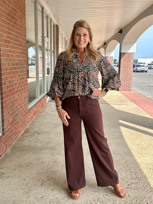 Long Slv Grn/Blk Diamond Print Peasant Top