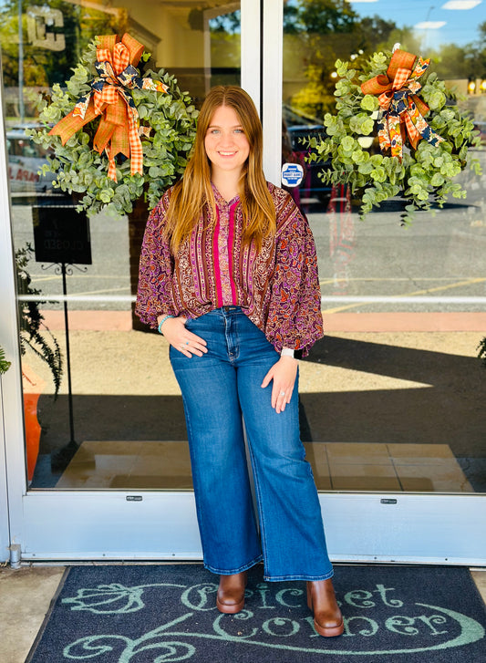 Purple floral lurex v-neck top