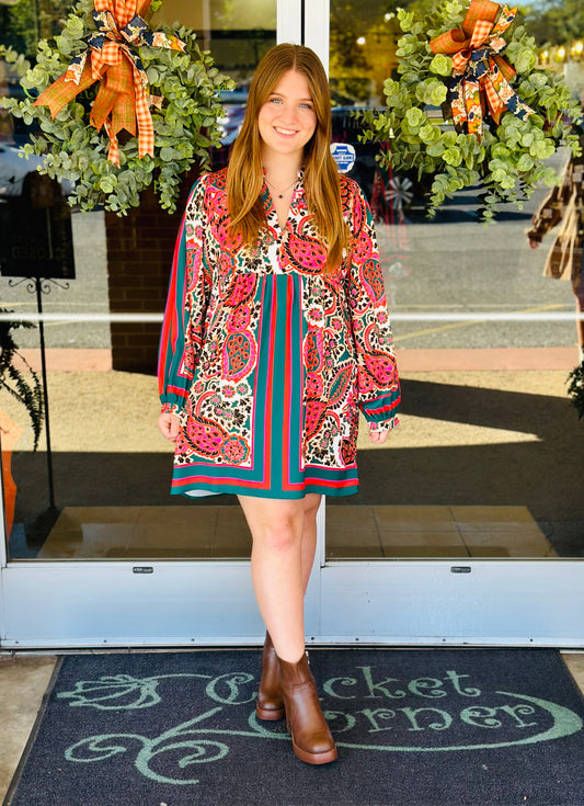 Red & Green paisley scarf dress