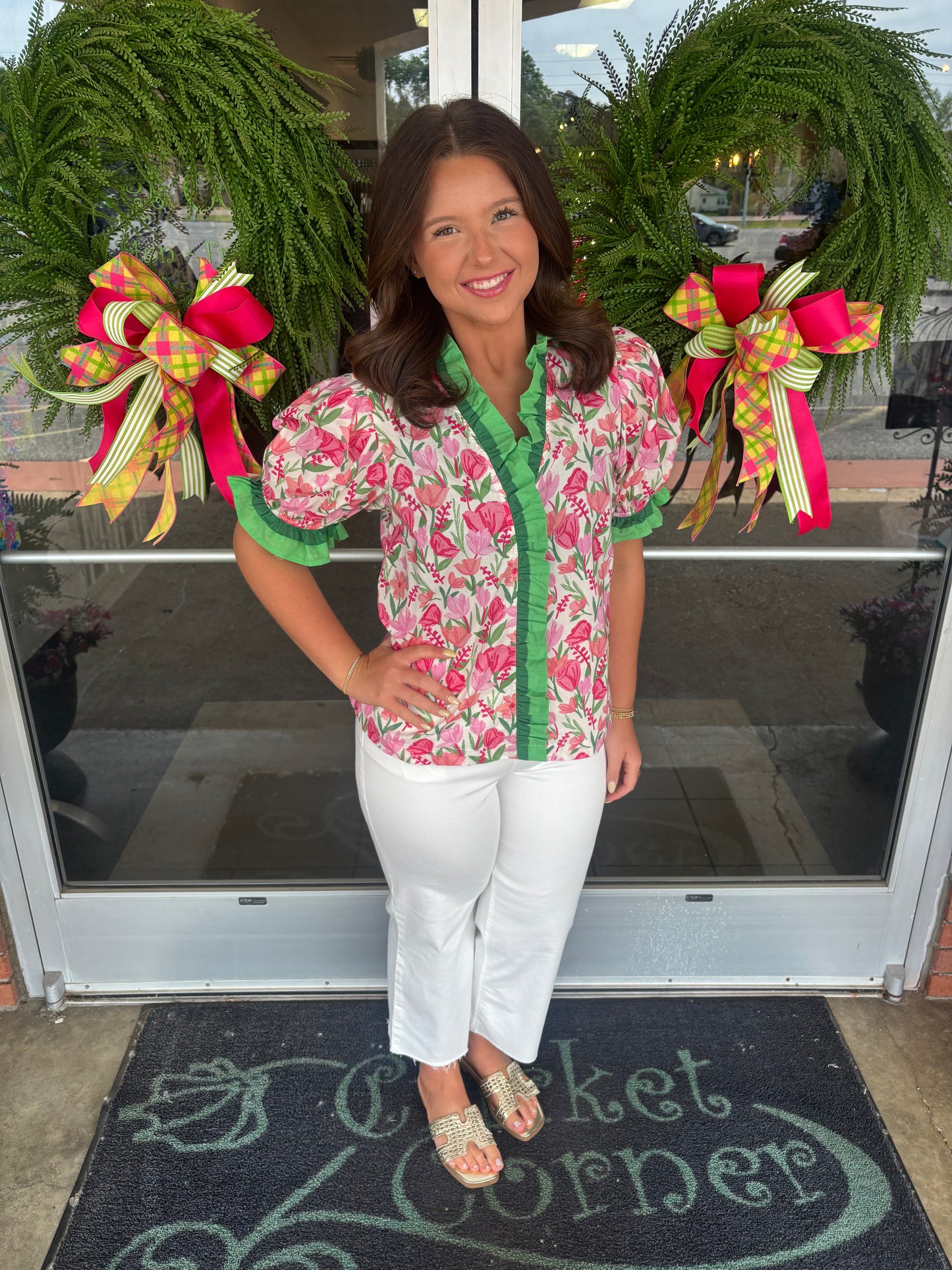 Ruffle Trim Pink & Green Floral Top