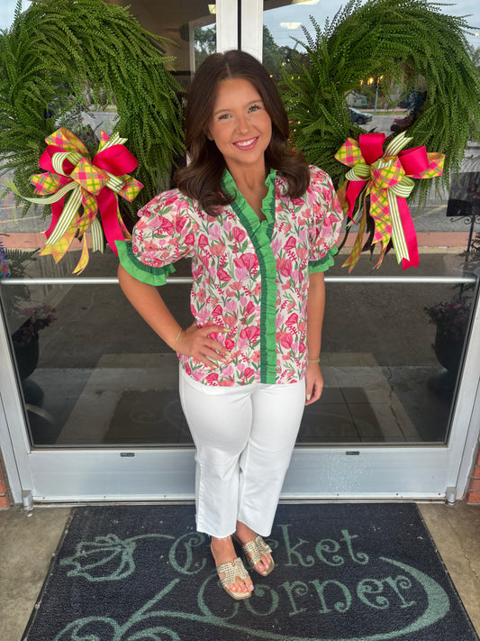 Ruffle Trim Pink & Green Floral Top