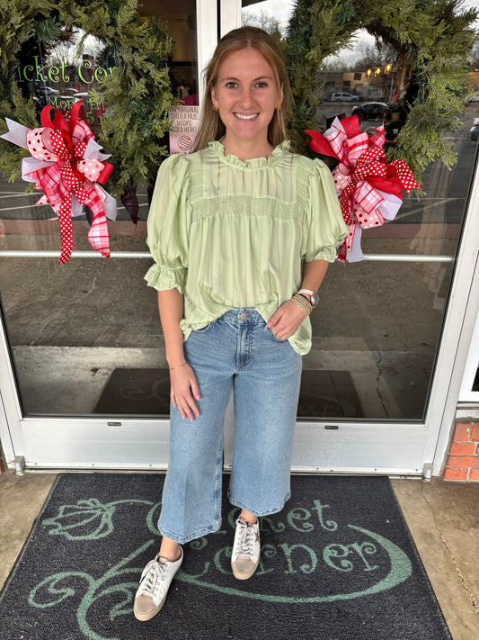 Pistachio Smocked Ruffle Neck Top