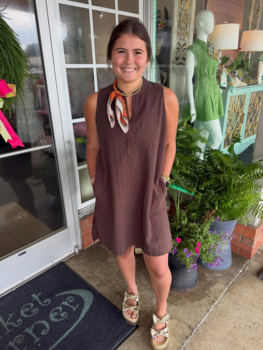 Brown v-neck linen shift dress