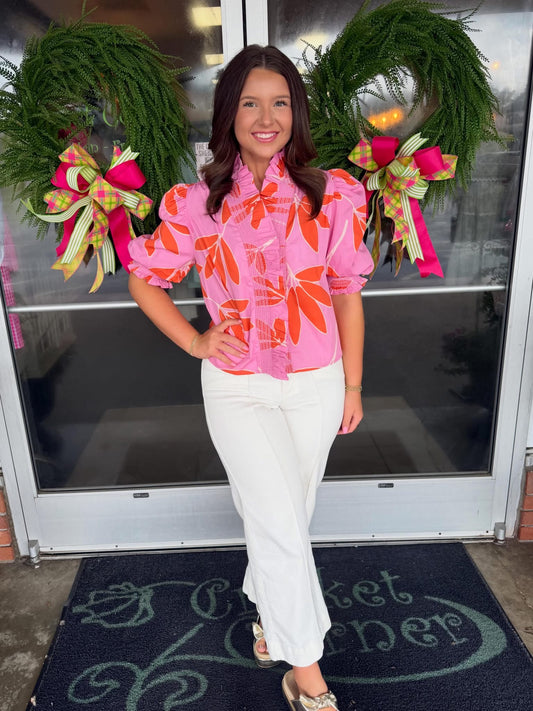 Palm leaf floral ruffle top