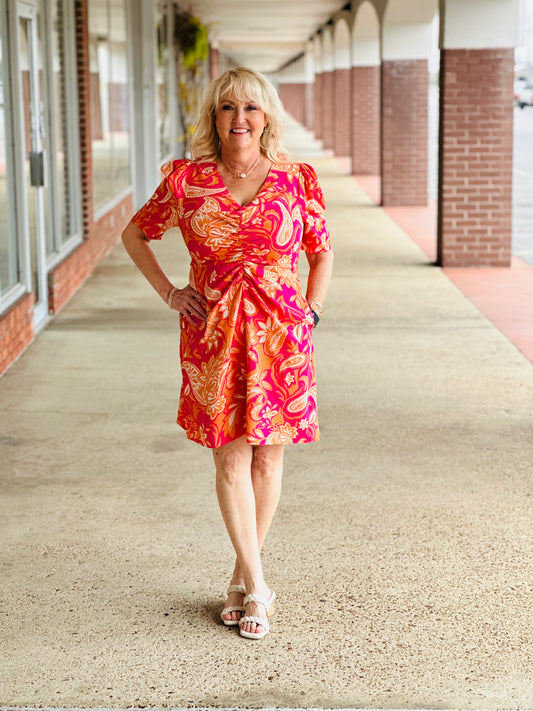 Pink & Orange Floral Ruched Short Sleeve Dress
