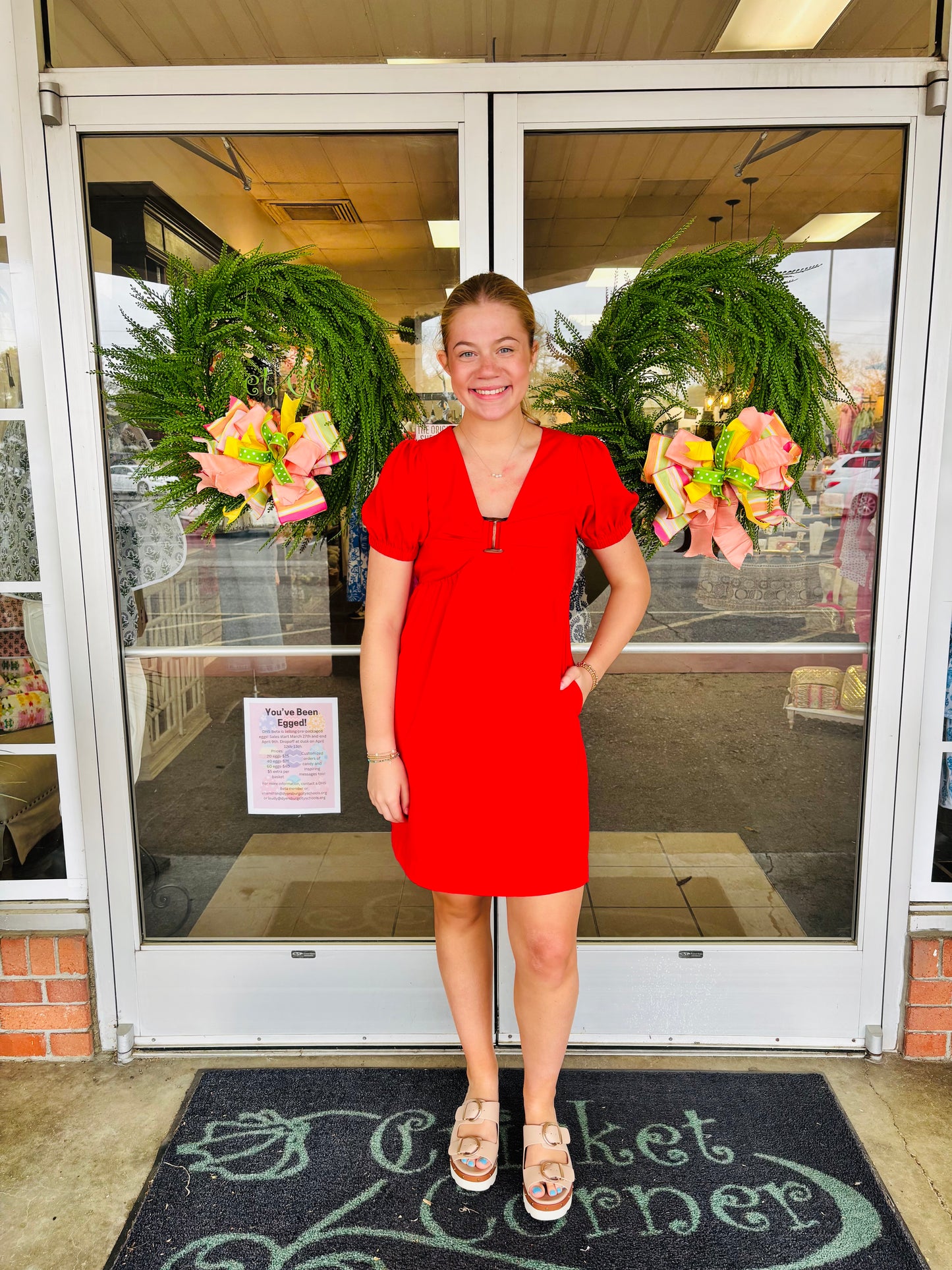 Red Short Sleeve Vneck Ring Dress