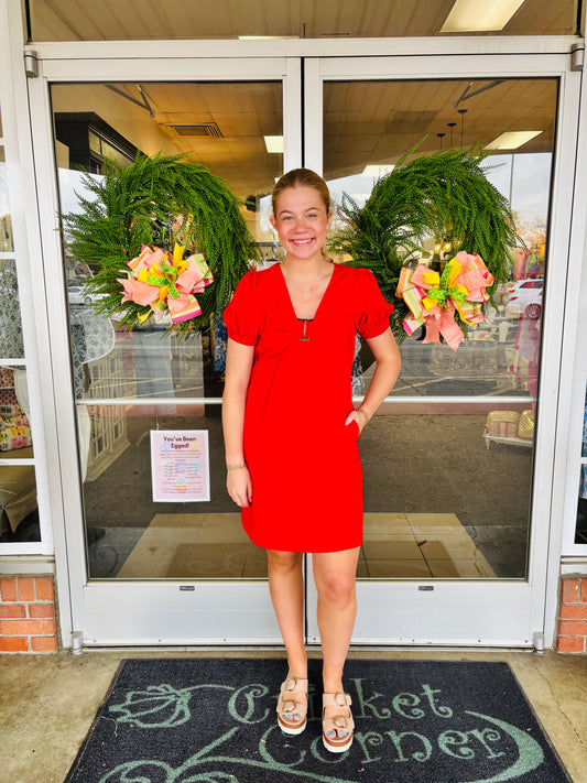 Red Short Sleeve Vneck Ring Dress