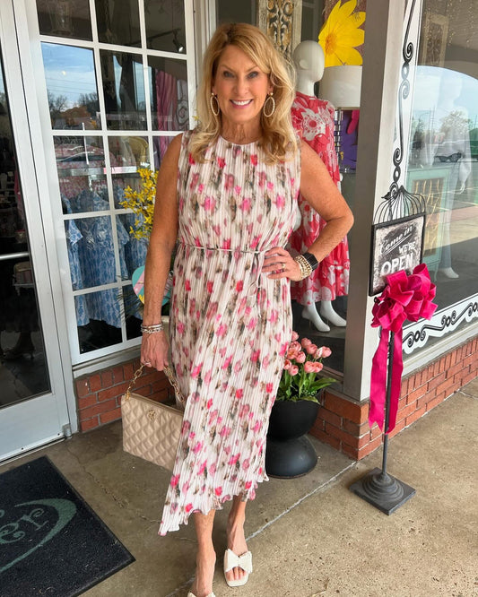 Augusta Sleeveless Pink Floral Fully Pleated Midi