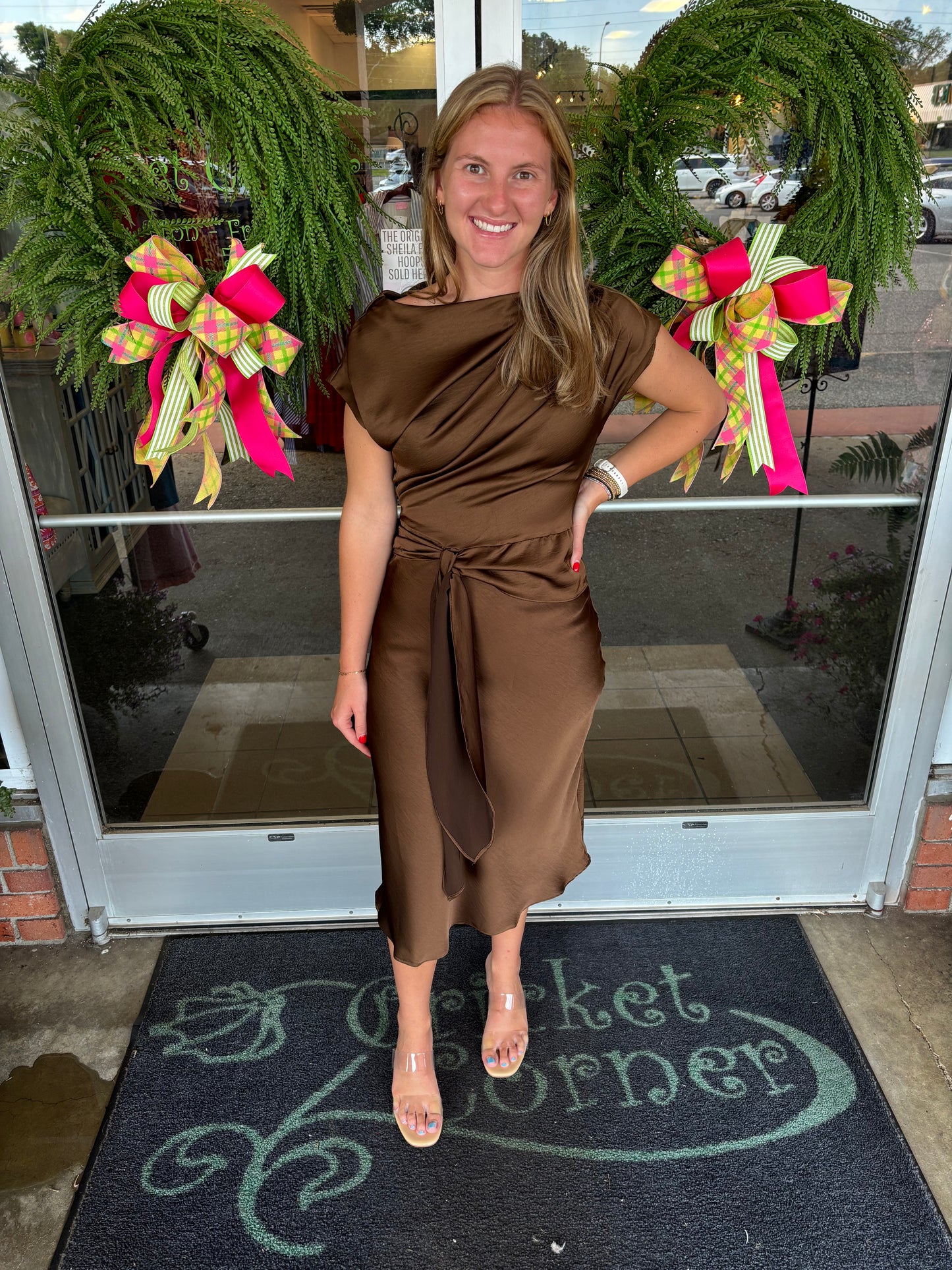 Brown Asymmetrical Dress Waist Tie Midi Length