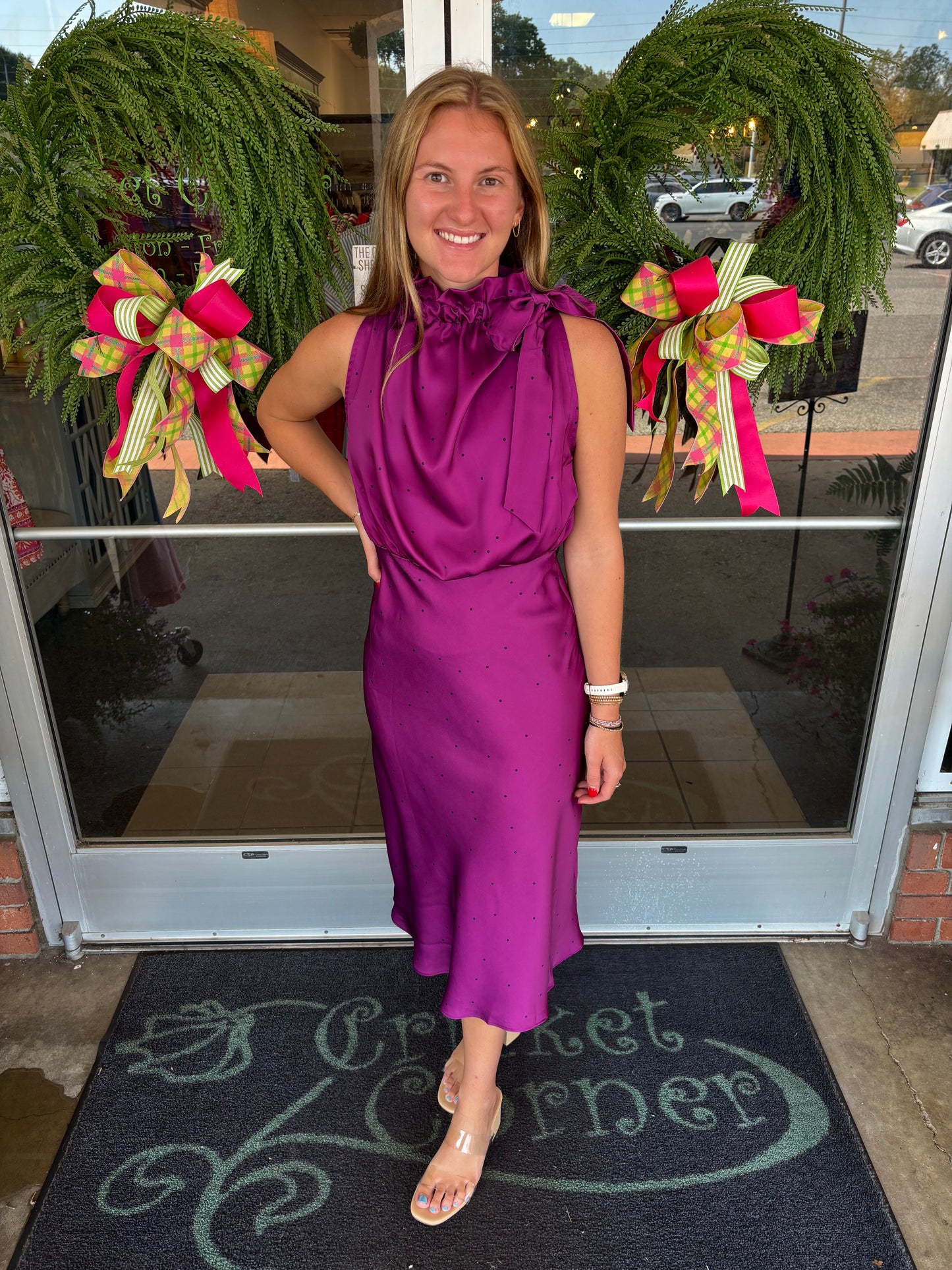 Plum Ruffle Tie Neck Sleeveless Polka Dot Midi Dress