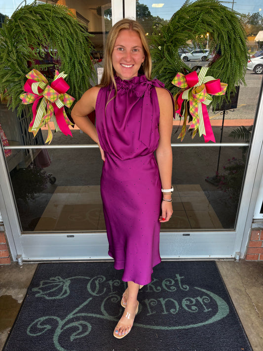 Plum Ruffle Tie Neck Sleeveless Polka Dot Midi Dress