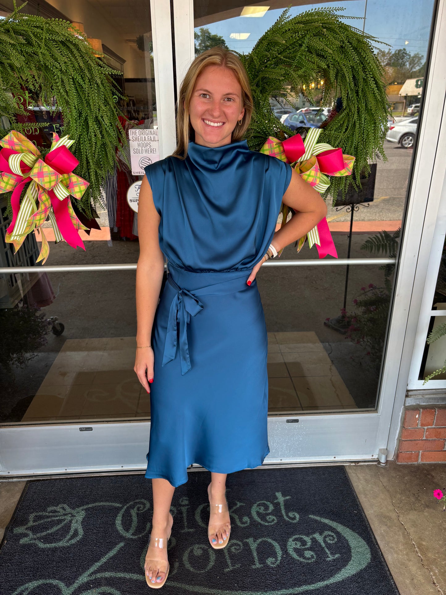 Blue Waist Tie Sleeveless Midi Dress with Cowl Neck