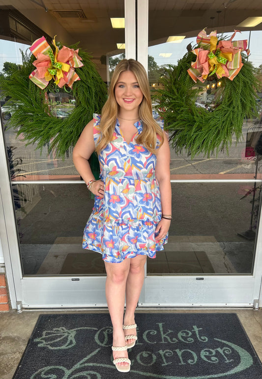 Blue Multi Ruffled Vneck Tier Dress