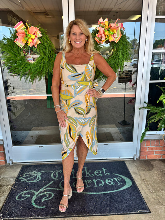 Abstract leaf wrap tank dress