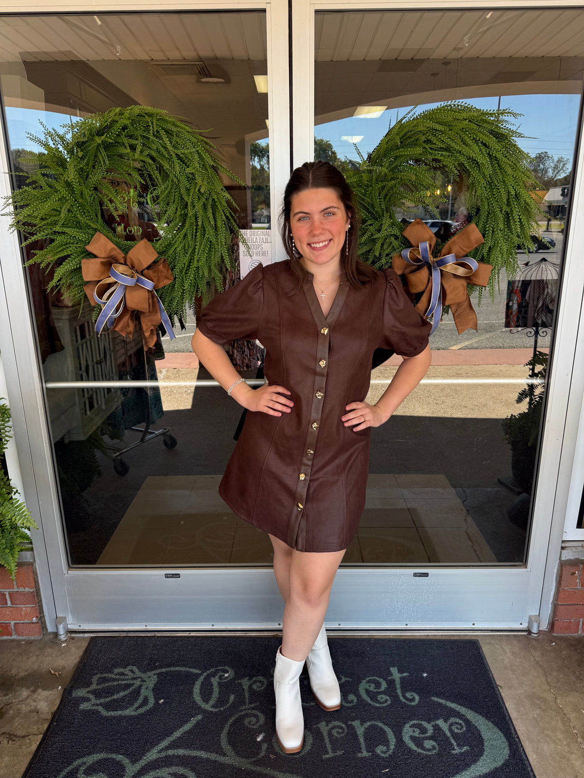 Brown Suede Gold Button Dress