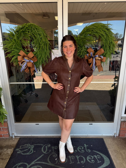 Brown Suede Gold Button Dress