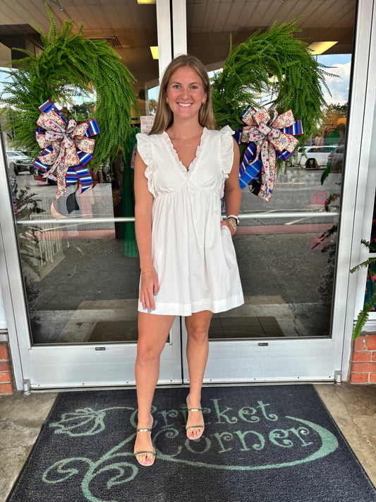 White Poplin Ruffle Sleeve Vneck Dress
