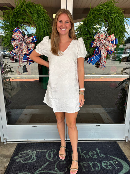 White Leaves Assymetrical Vneck Mini Dress