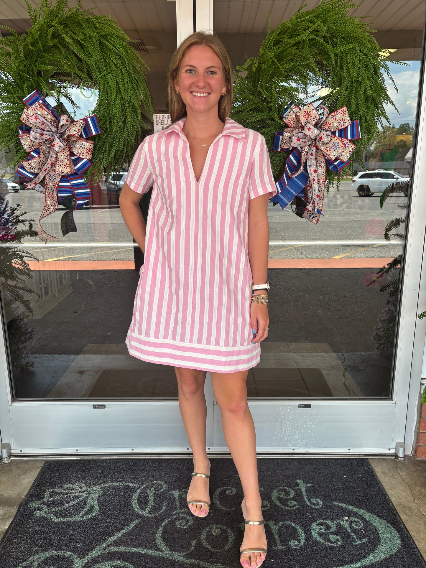 Pink & White Stripe Mini Shirt Dress