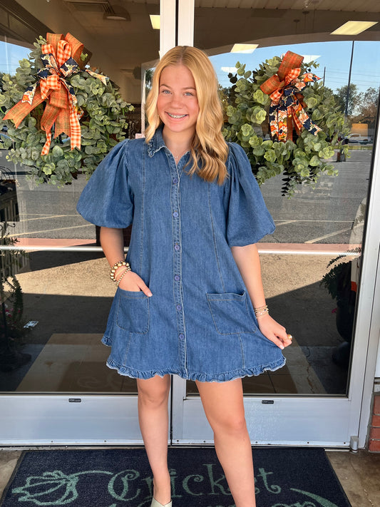 Denim Ruffle Pocket Dress