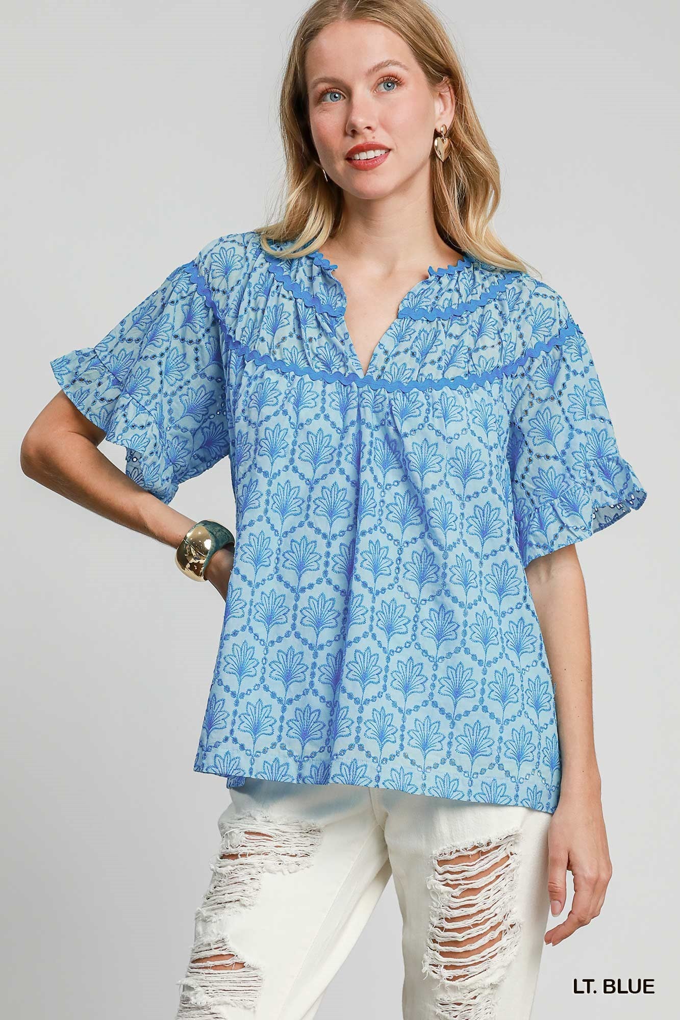 Blue Eyelet Embroidered Short Sleeve Top