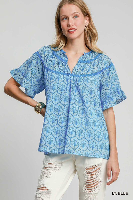 Blue Eyelet Embroidered Short Sleeve Top