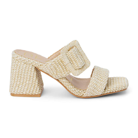 Lucy beige 2strap buckle rattan chunky heel mule
