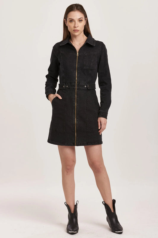 Sage- Long Sleeve Black Denim Zip Dress